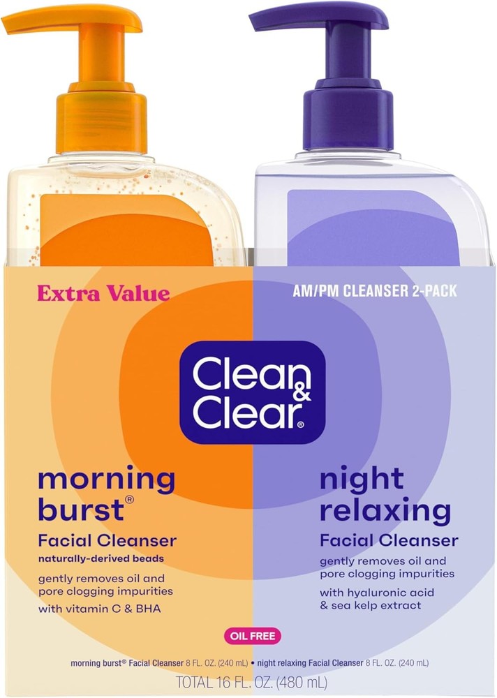 Clean & Clear Facial Cleanser 2 Pack Morning Burst & Night Relaxing 16oz Oil