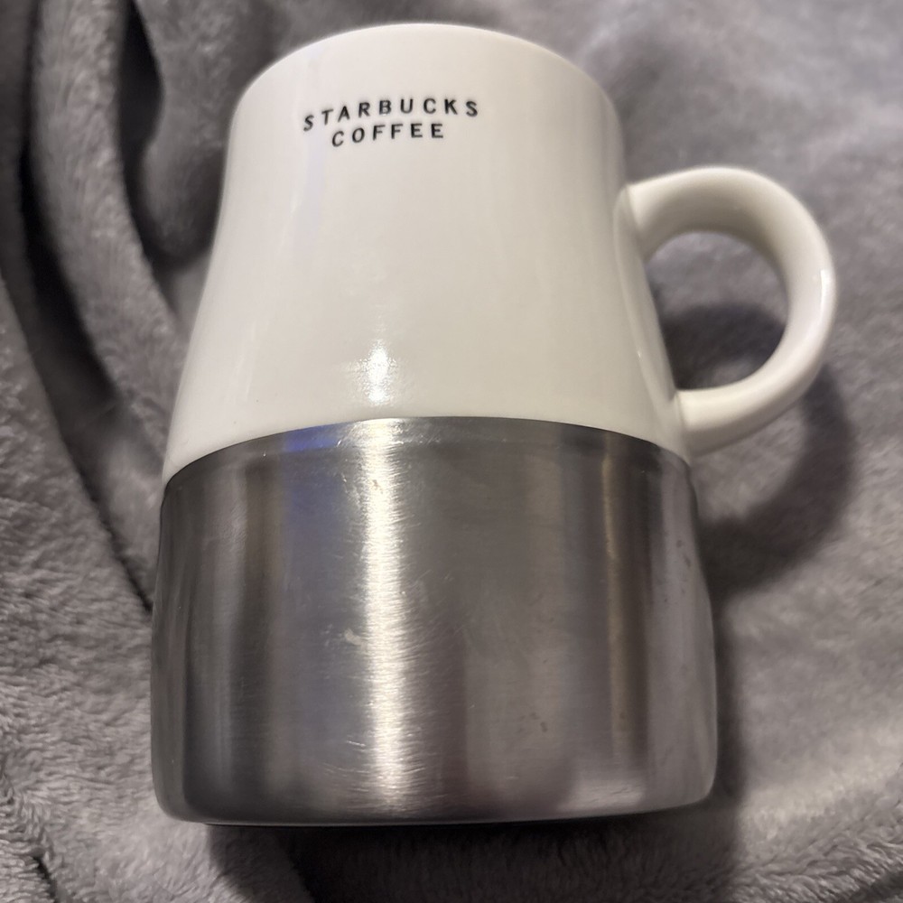 Starbucks 2004 Coffee mug white ceramic stainless steel bottom 14 oz
