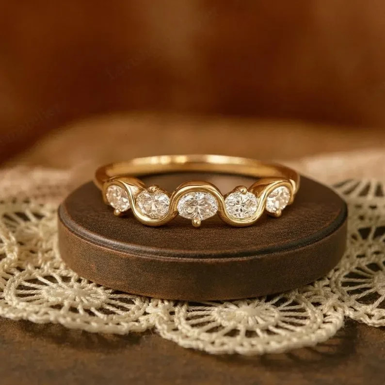 Oval Moissanite Wedding Band 14K Gold Plated 925 Silver Half Eternity Ring