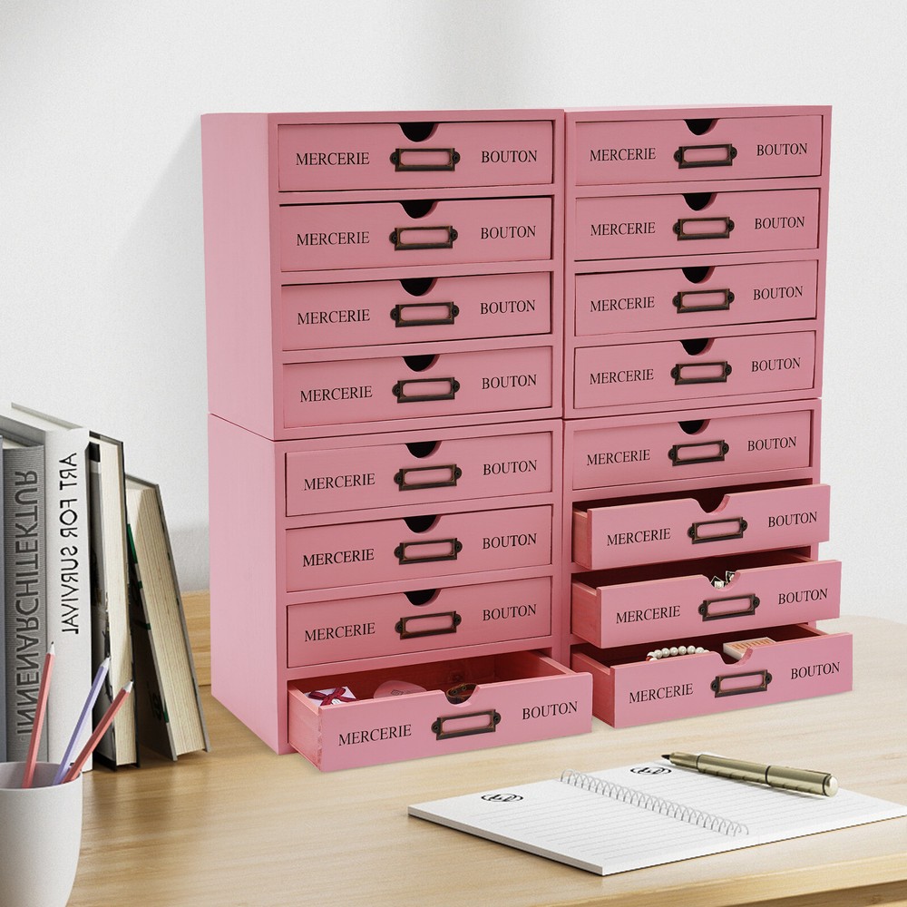 4 Pieces File Storage Box Desktop 16 Drawers Pink Wooden Storage Box