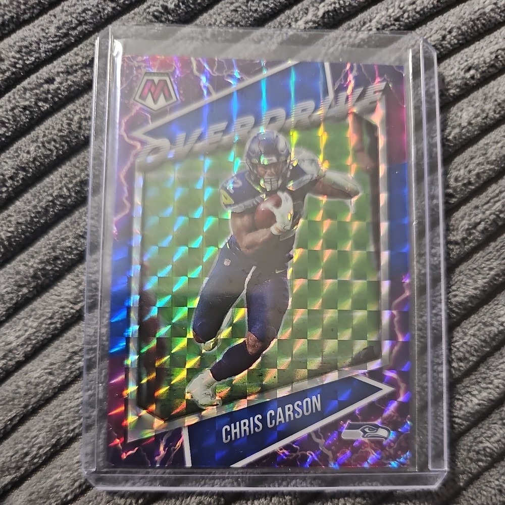 2021 Panini Mosaic Overdrive Mosaic Mosaic Blue Prizm /99 Chris Carson #OV-20