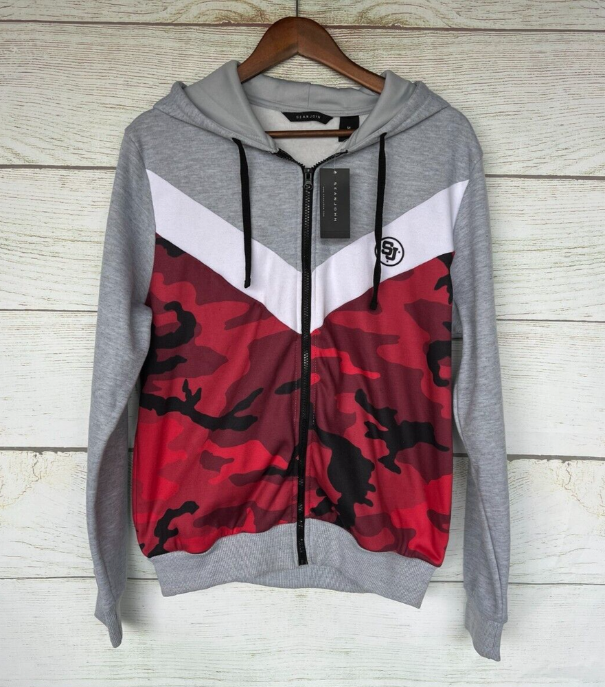 Sean John Mens Medium Red Grey Camo Full Zip Hoodie Sweatshirt New