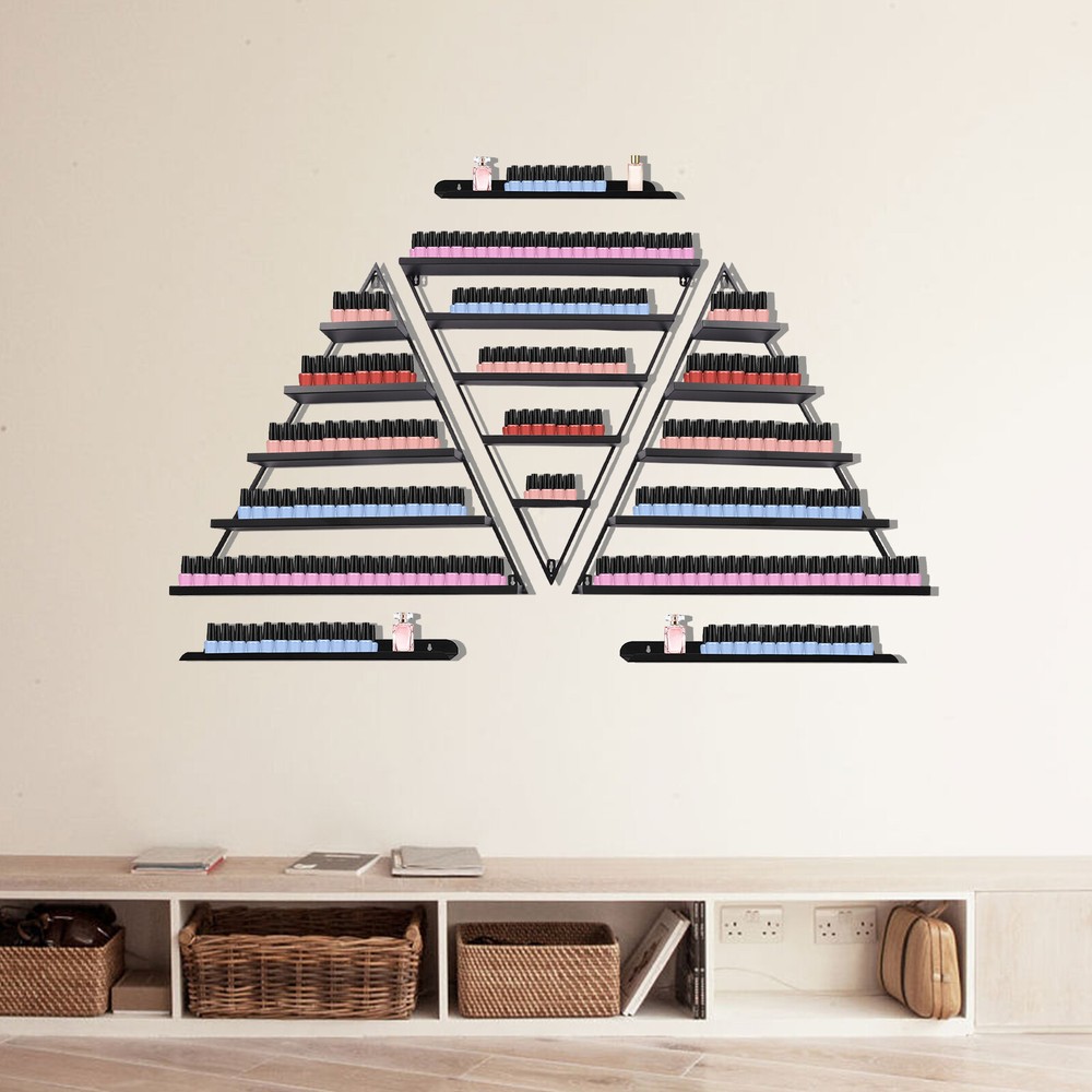 5-Tier Black Wall Mount Iron Nail Polish Display Rack Kits w/3x Horizontal Bars