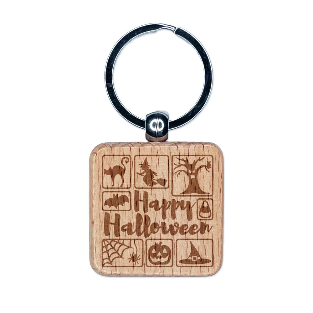 Happy Halloween Icons Bat Cat Hat Spider Engraved Wood Square Keychain Tag Charm