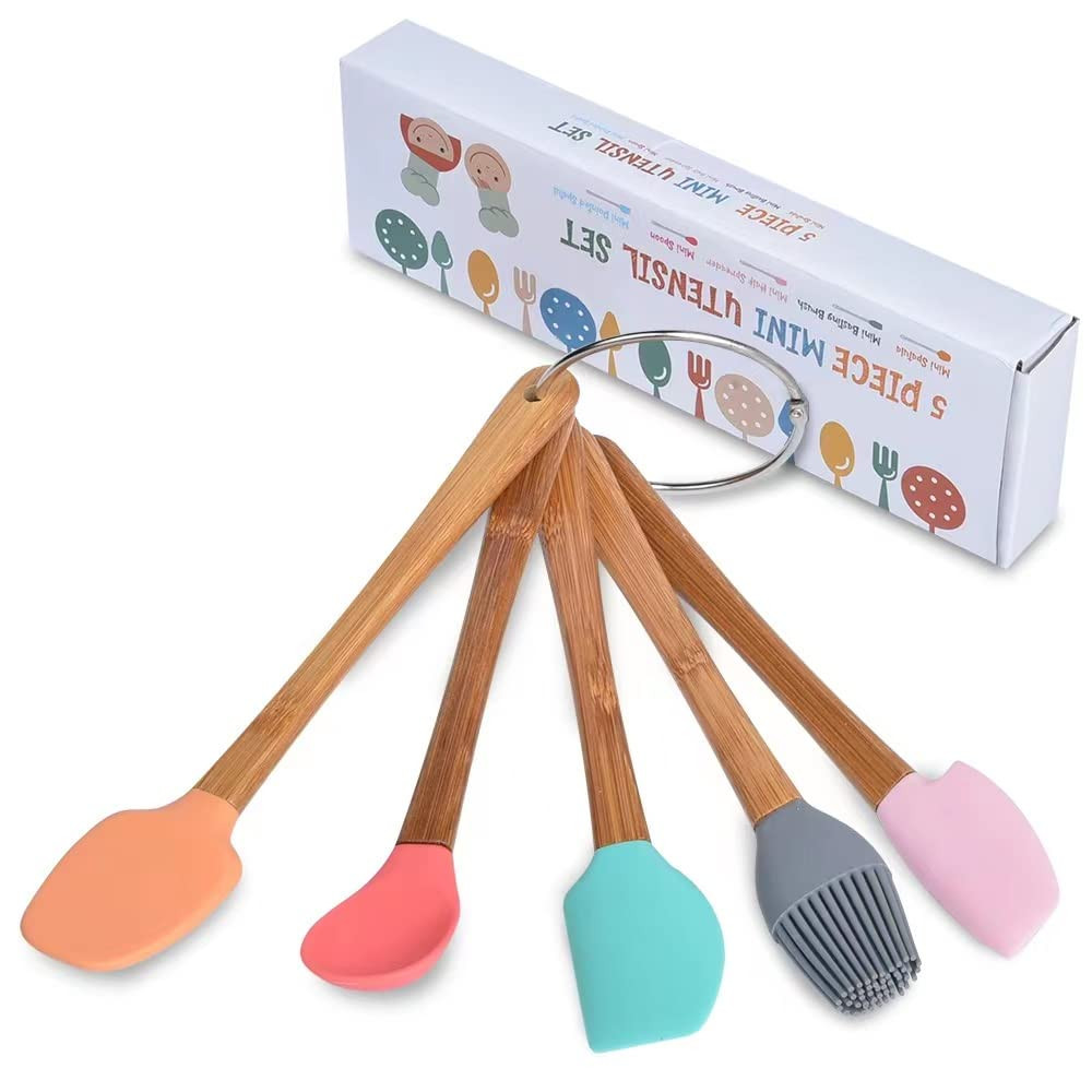 5 Piece Silicone Spatula,Mini Rubber Spatula Wooden Handle,Heat Resistant Sil...
