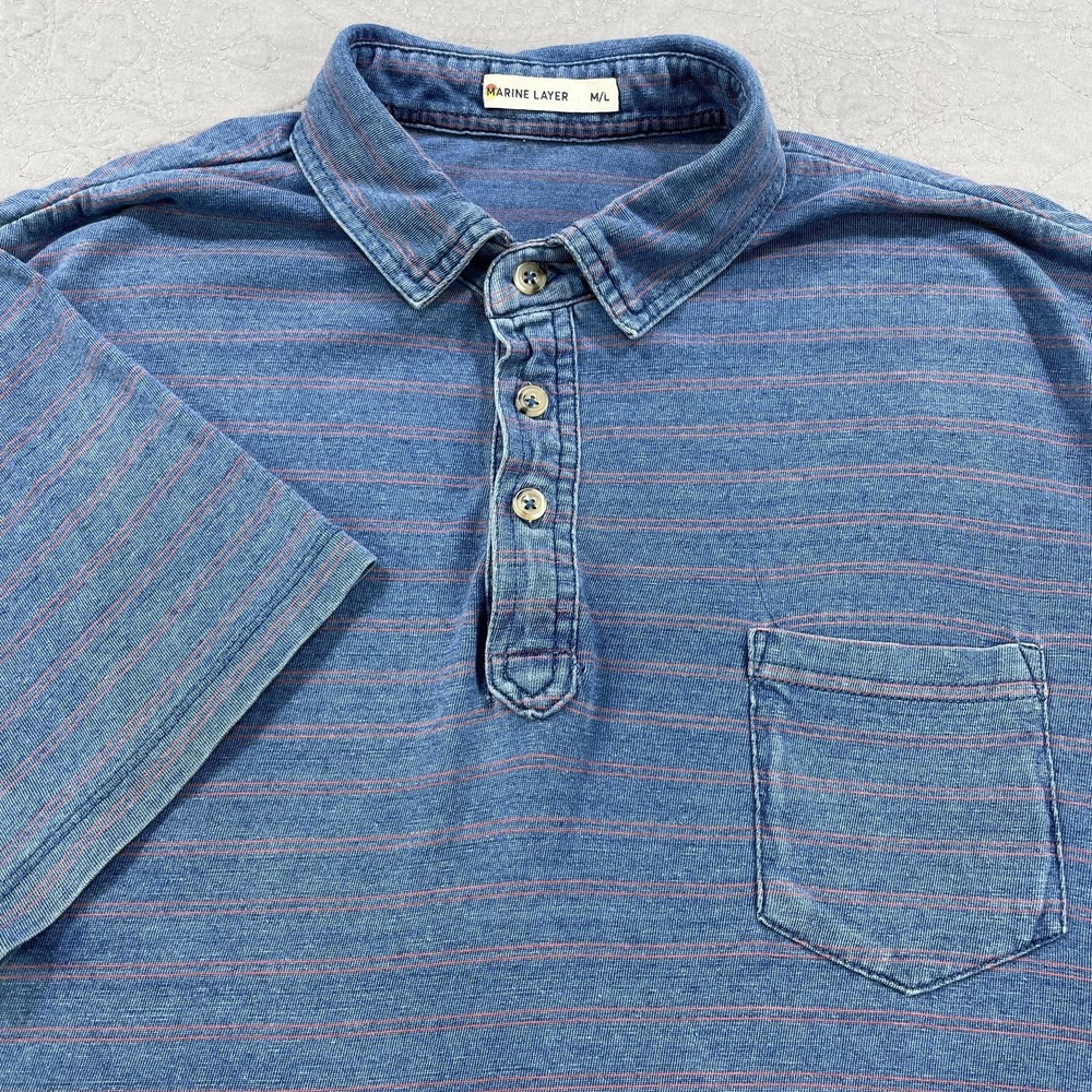 Marine Layer Shirt Mens Medium Large Striped Polo Pocket Short Sleeve Casual