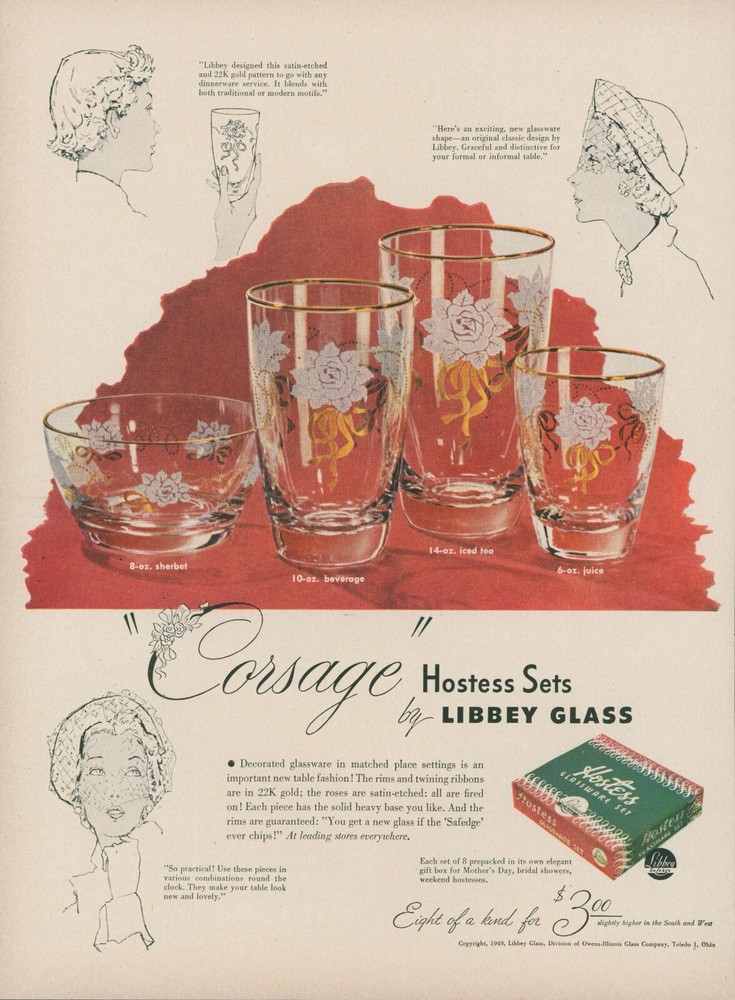 1949 Libbey Glass Corsage Hostess Sets Vintage Print Ad Etched 22K Gold L2