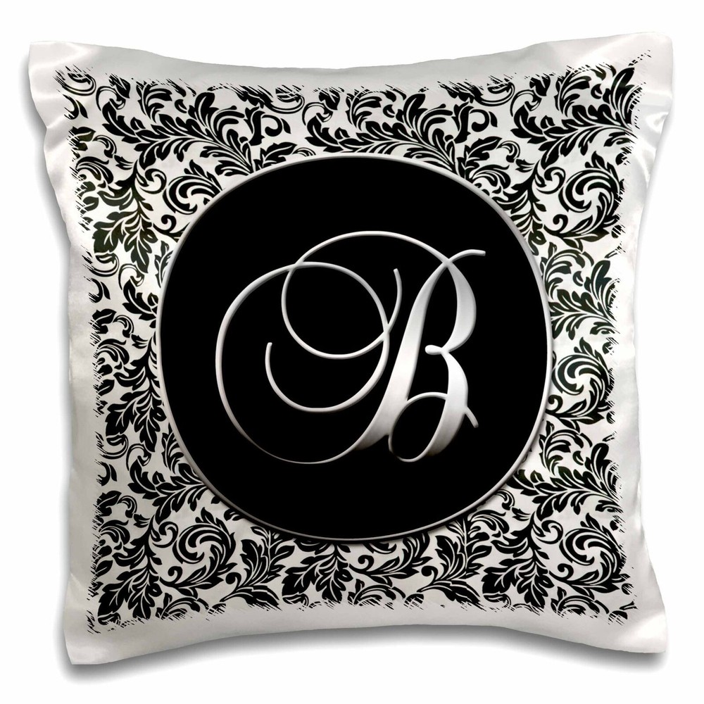 Black and White Damask Letter B Pillow Case 16x16 Inch  