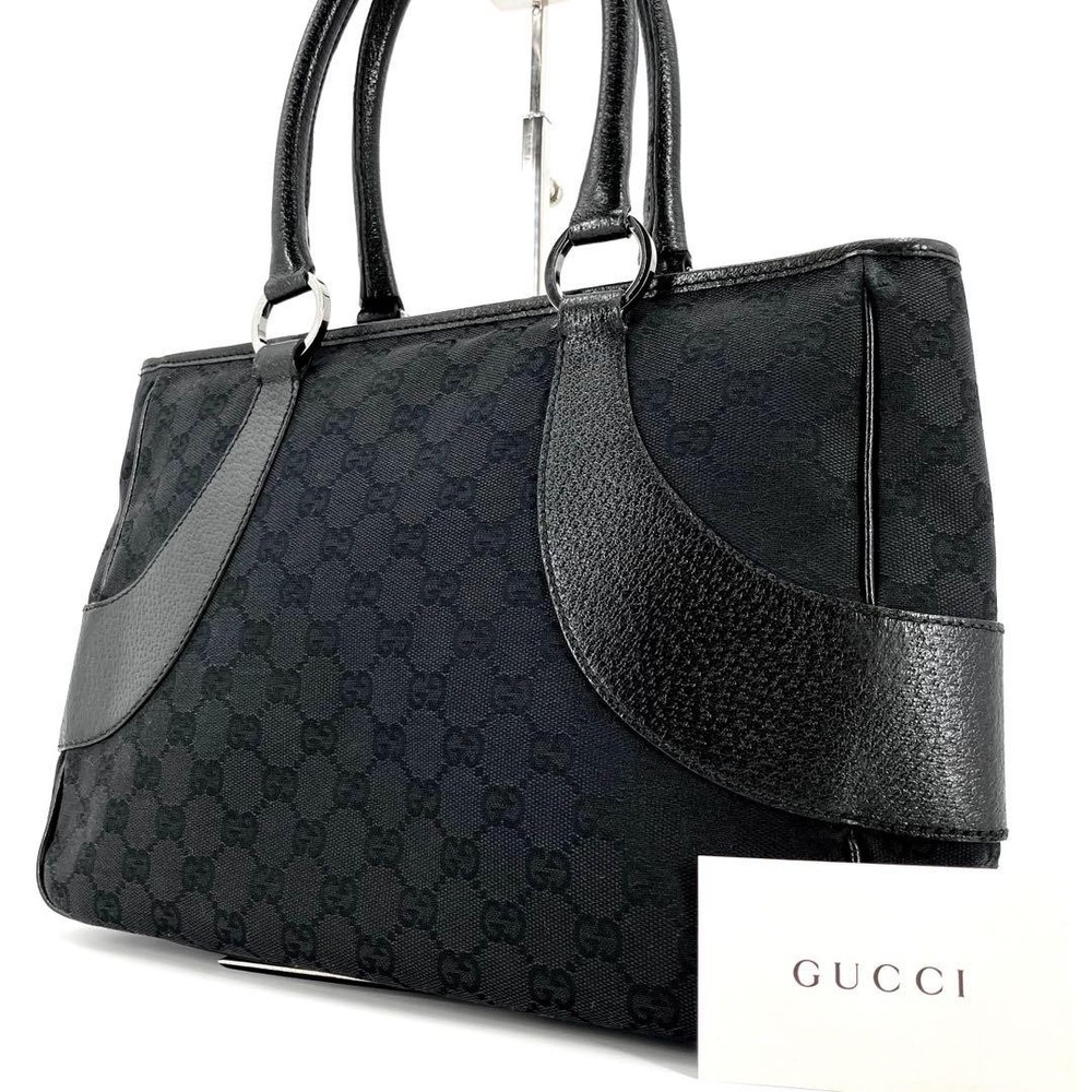 Gucci GG Canvas Leather Tote Bag in Black A4 Size Pre-Owned