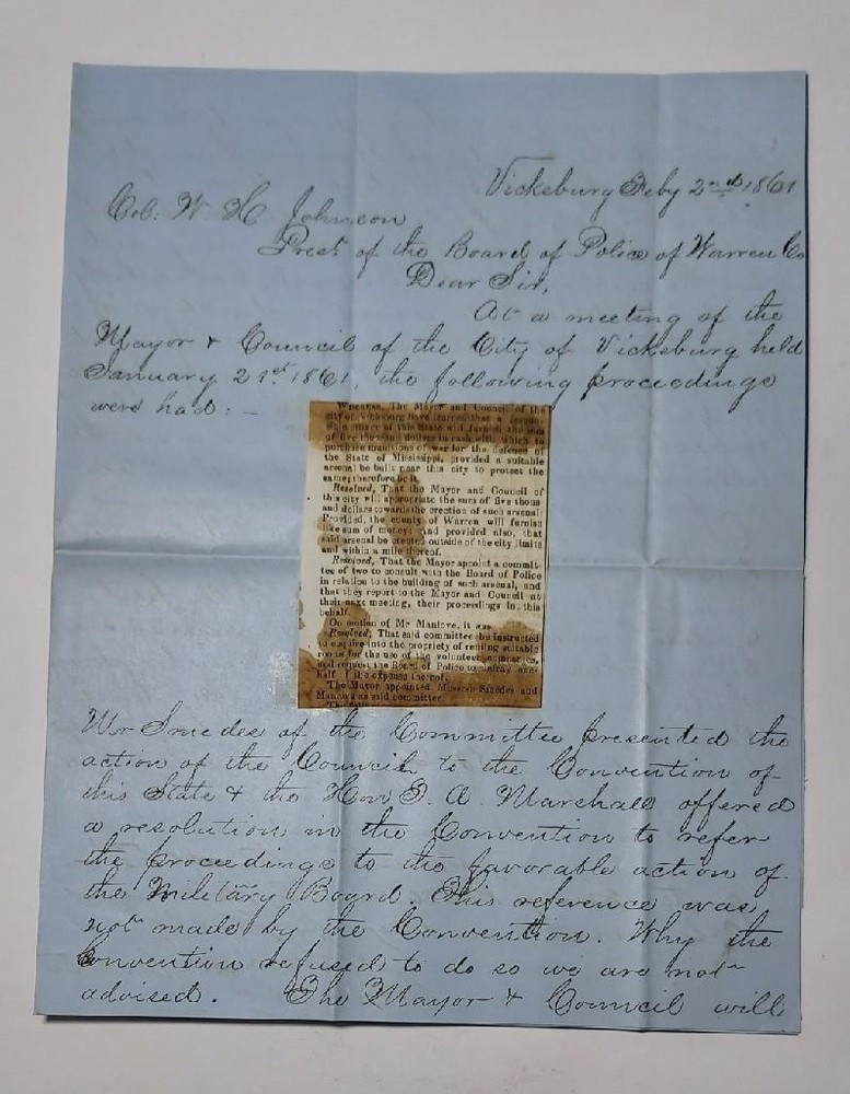 Civil War Confederate 1861 Document Vote to Create Arsenal in Vicksburg, MS