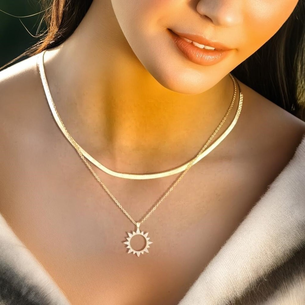 Crystal Sun Pendant Necklace, Double Chain Necklace, Gold Jewellery for Her