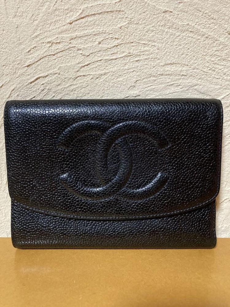 Chanel Caviar Leather Coco Passport Trifold Wallet Black
