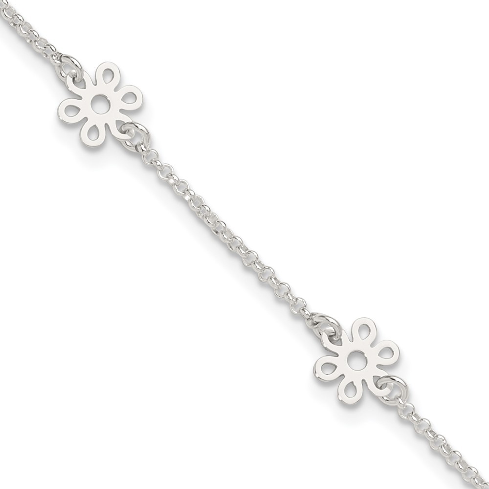 925 Sterling Silver Polished Flower Anklet 9