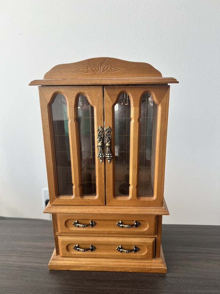Vintage Wooden Jewelry Box Armoire with Glass Doors & Drawers