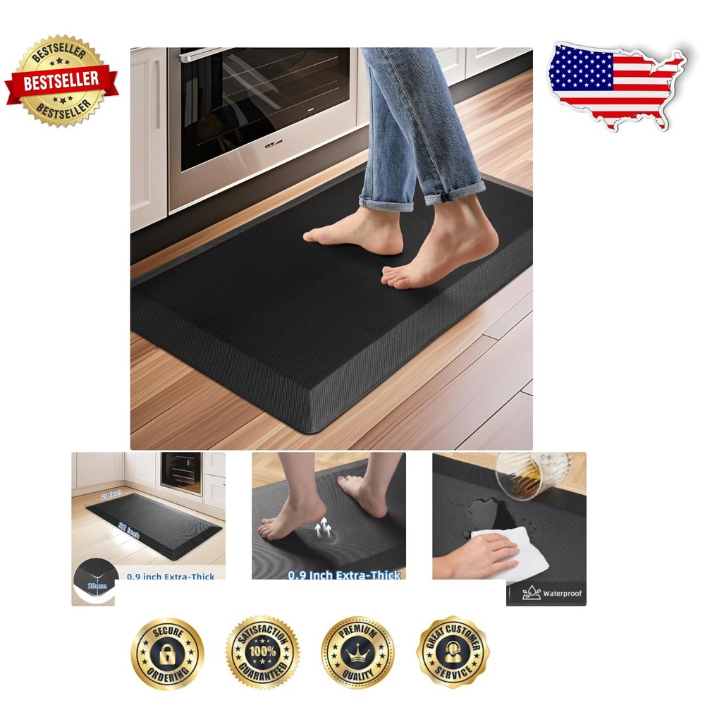9/10 Inch Extra Thick Anti-Fatigue Kitchen Mat - Ergonomic Comfort in Black