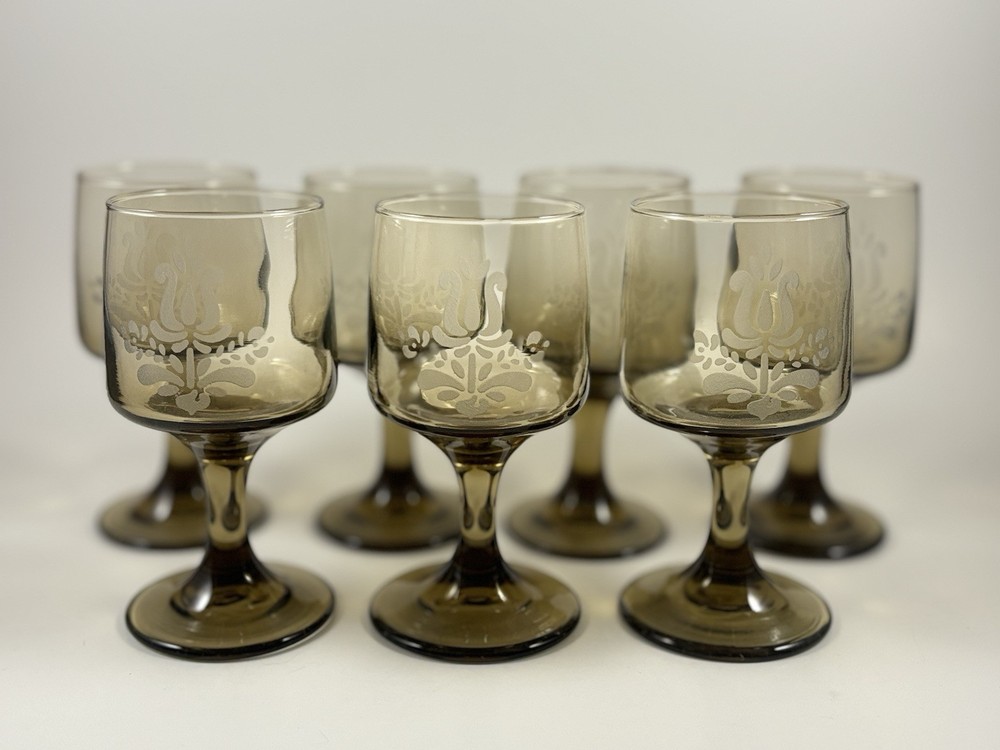 Vintage 1970s Pfaltzgraff Village Brown Glass Pedestal Wine Glasses Set of 7