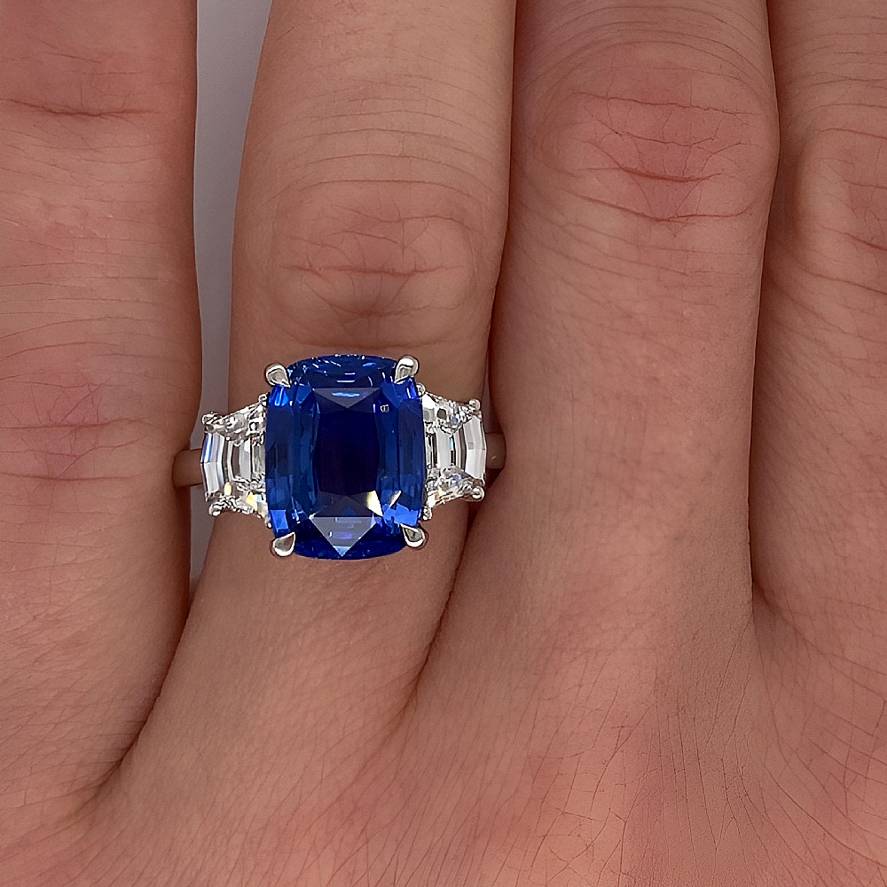 Lab Created 6.12 Ct Cushion Blue Sapphire Ring in Solid 18K White Gold Band