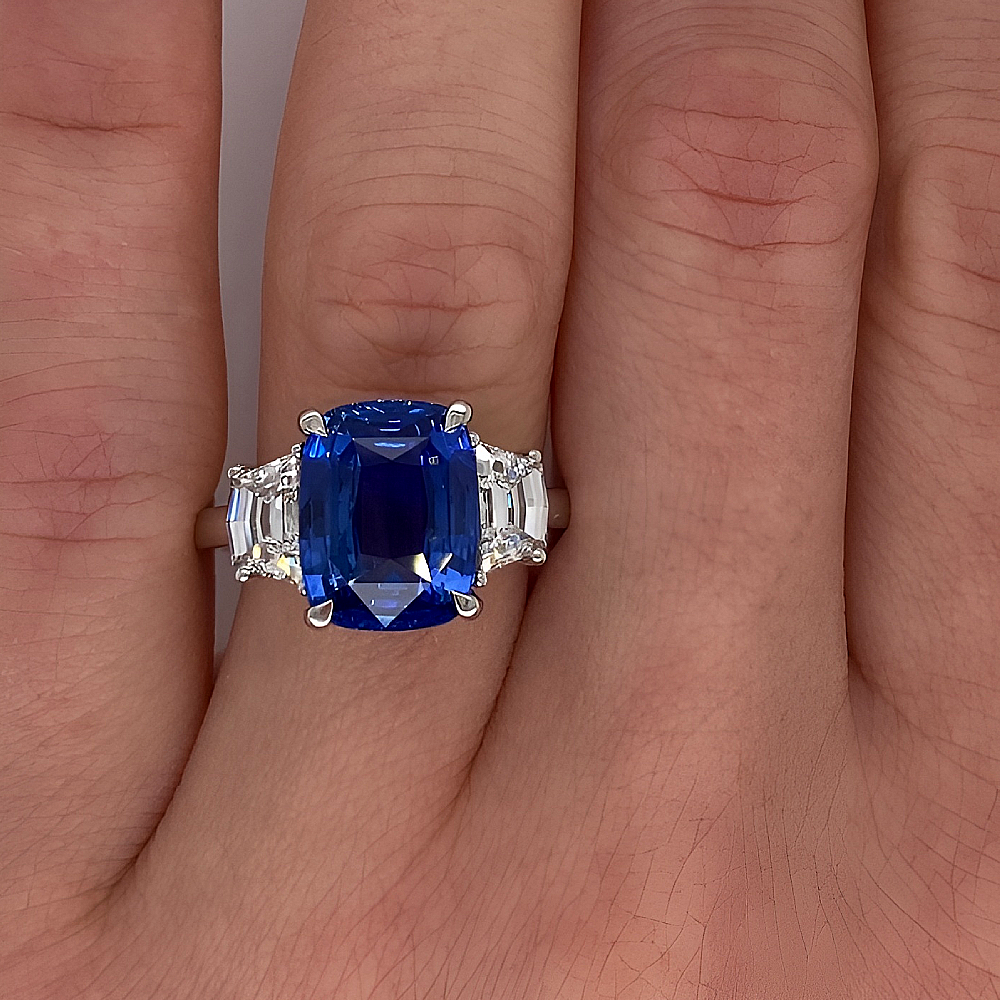 14K White Gold Band Ring  Lab Created Blue Sapphire 6.12 Ct Cushion Solid
