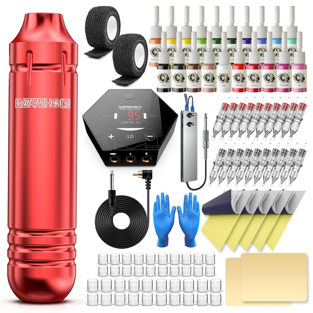 Ergonomic Tattoo Machine Kit with Power Supply & 20 Inks - Modern Red Style