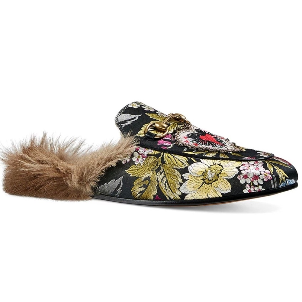 Gucci Princetown Jacquard Kangaroo Fur Horsebit Mules EU 37 US 6.5-7