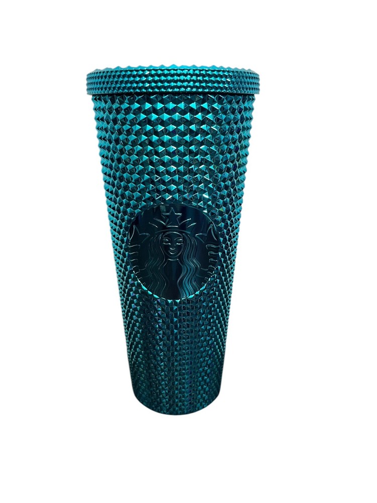 Starbucks Summer 2023 Metallic Chrome Teal Blue Bling Studded 24 oz. Tumbler NEW