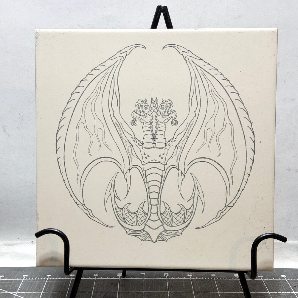 Laser etched Dragon 2 headed Wings Line Art On 8x8 Tile Goth Medieval Fantasy
