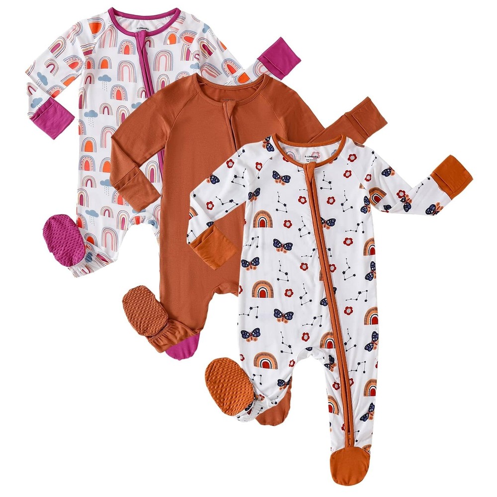 Baby Girl Pajamas 3 Pack, Dubble Zipper Newborn Footie Pajamas with Mitten Cu...