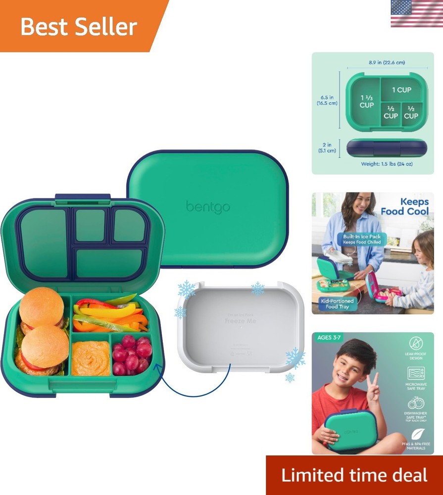 Leak-Proof Kids Bento Lunch Box with 4 Compartments and Built-In Ice Pack