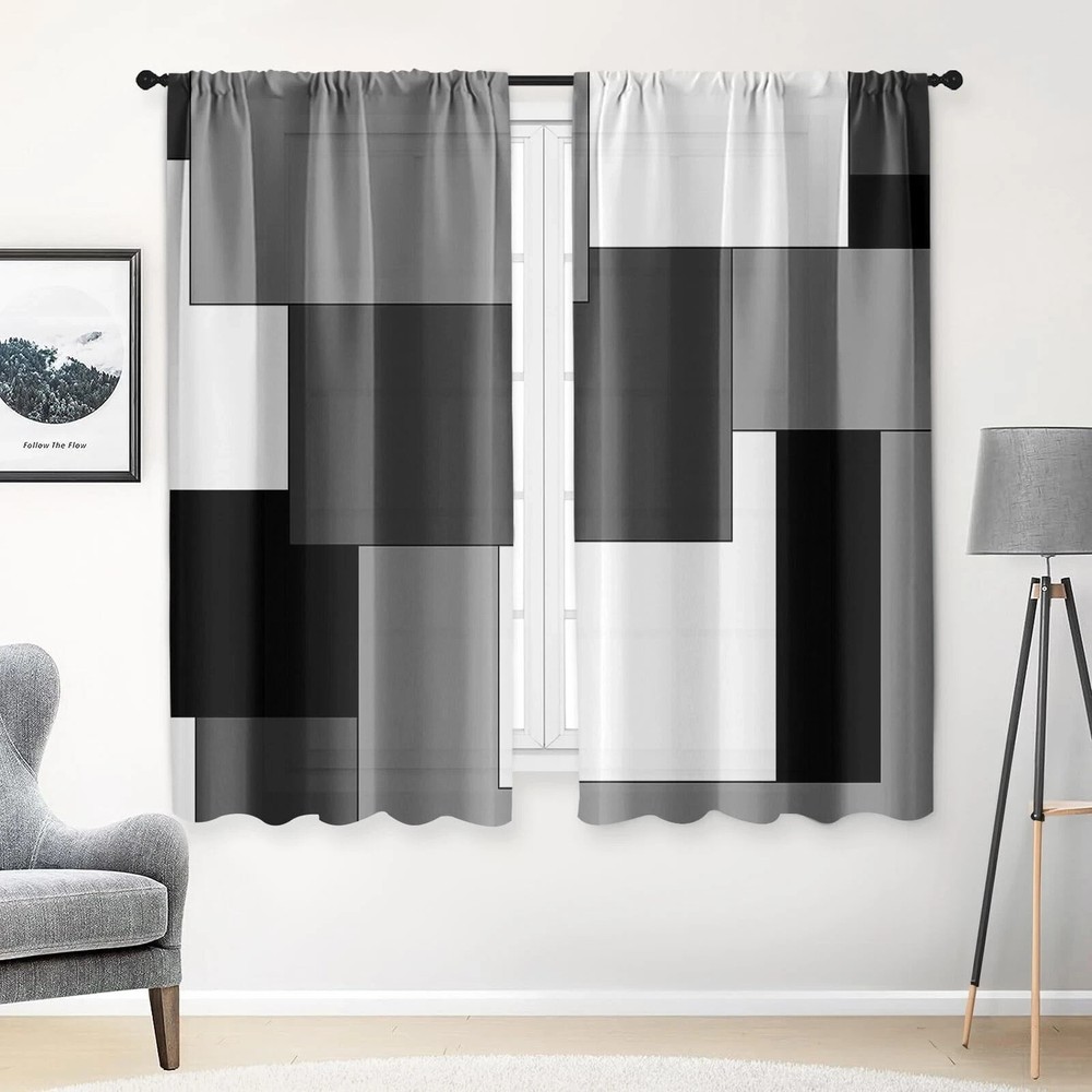 Black Grey Geometric Window Curtains 63 Inch for Kitchen Sink