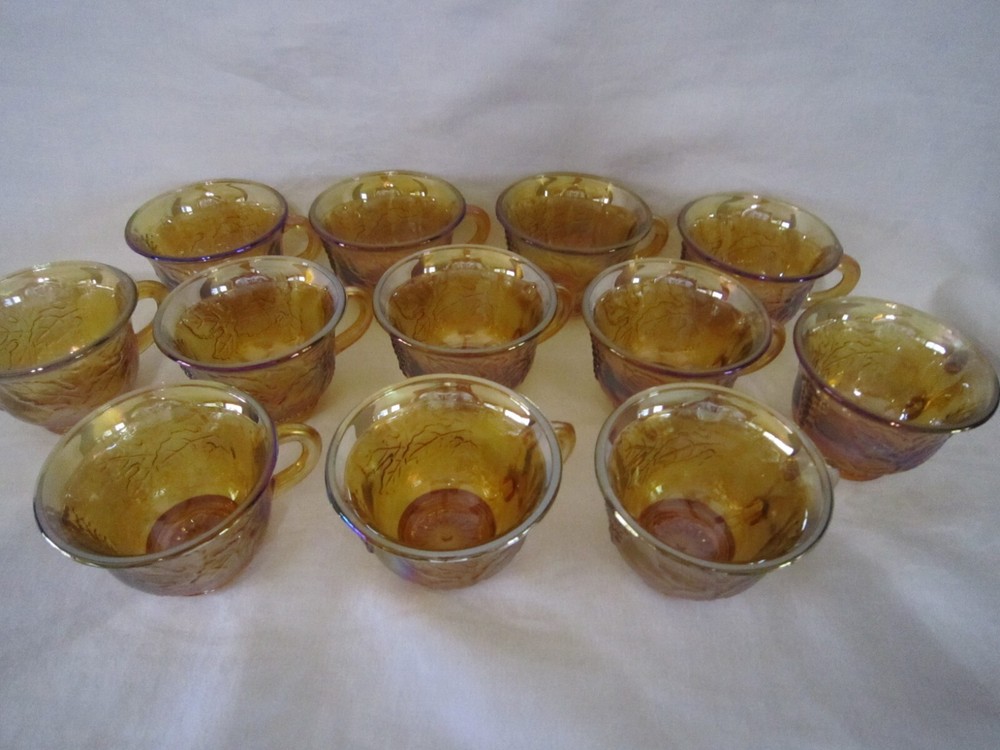 Vintage Indiana Carnival Glass Iridescent Amber Grape Leaf Punch Cup Set of 12