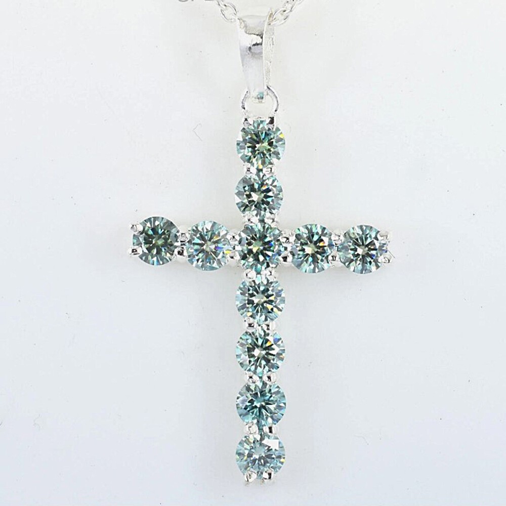 5.50 Ct Certified Round Cut Ice Blue Diamond Cross In 14k White Gold Pendant