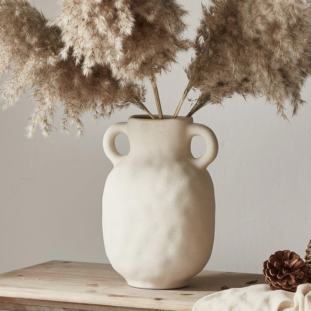 Beige Ceramic Vase with 2 Handles Vintage Flower Vase for Home Decor Rustic V...