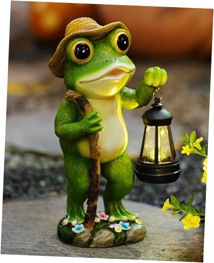 Solar-Powered Frog Garden Statue with Lantern for Patio or Pathway