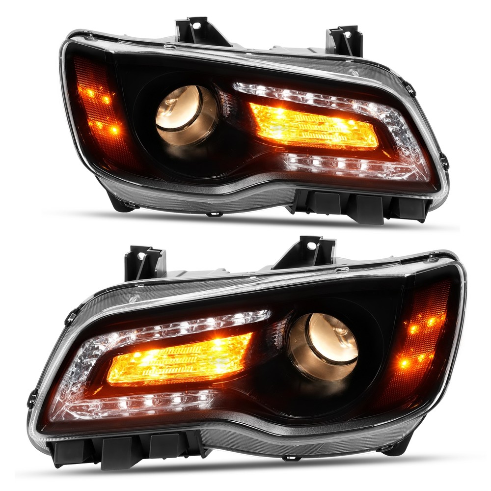Pair Black Projector Headlights LED DRL Left & Right For Chrysler 300 2011-2023