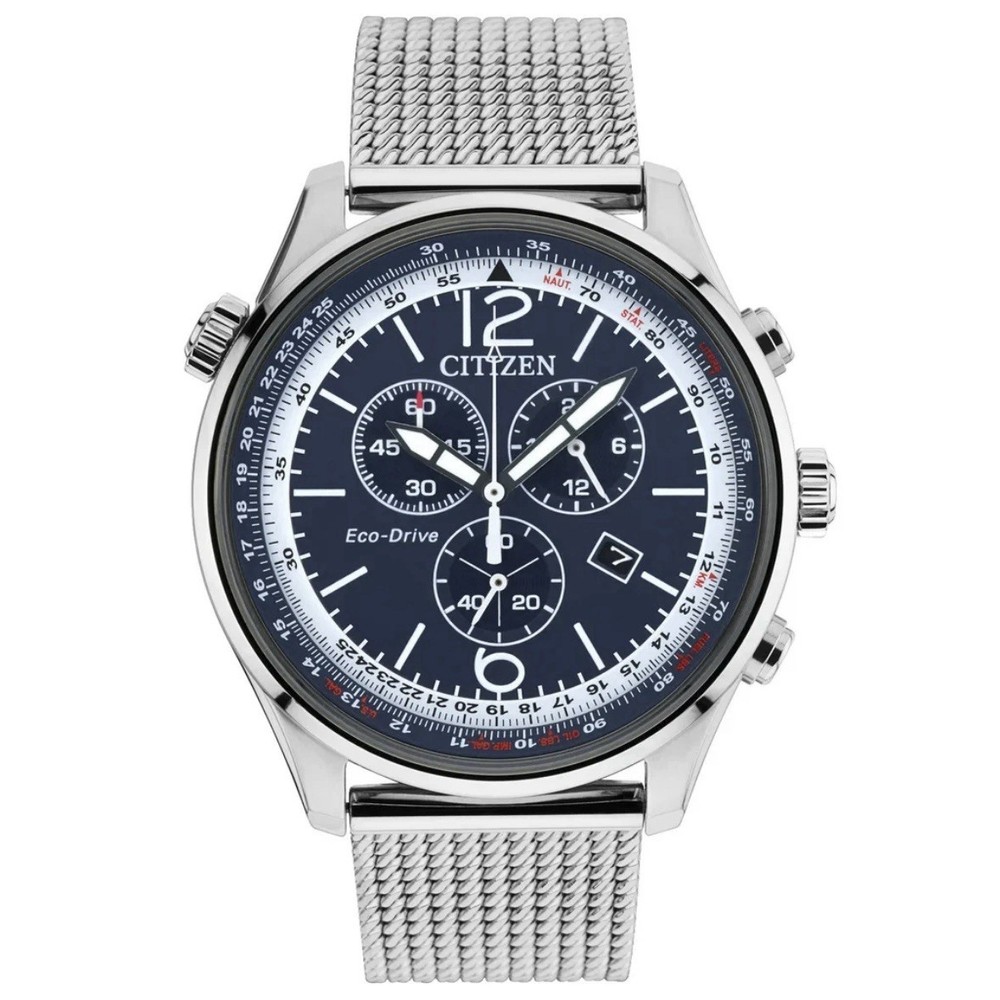 Citizen AT0361-81L Eco-Drive 43mm Blue Dial Chronograph SS Mesh Band Men's Watch