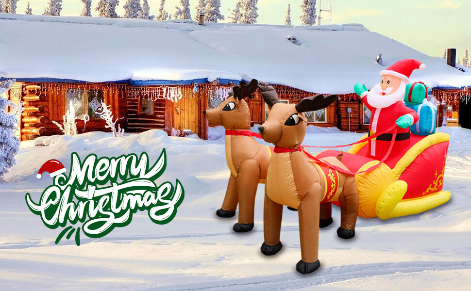 6.9Ft Long Christmas Inflatable LED Lighted Santa on Sleigh with Reindeers,Decor