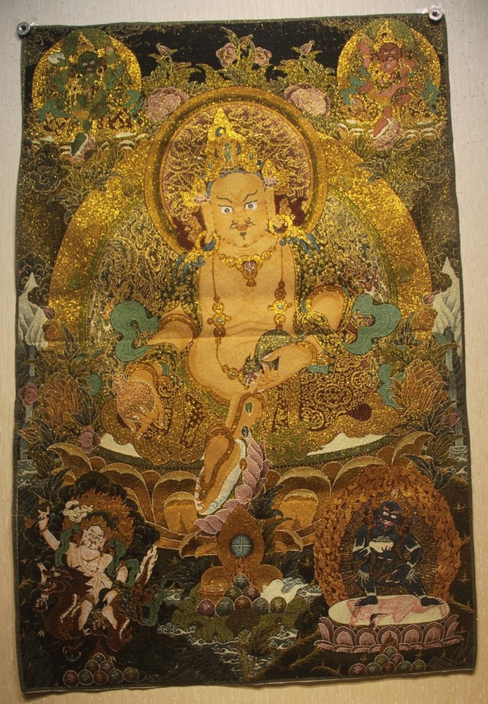 Nice Chinese Tibet Buddhist embroidery Brocade Thangka Tangka Yellow Kubera