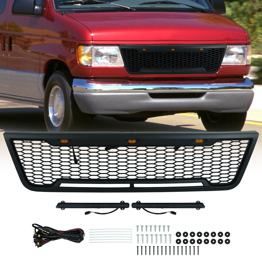 Gloss Black Front Grille W/LED Light For 2003 2004 2005 2006 2007 Ford E150 E250