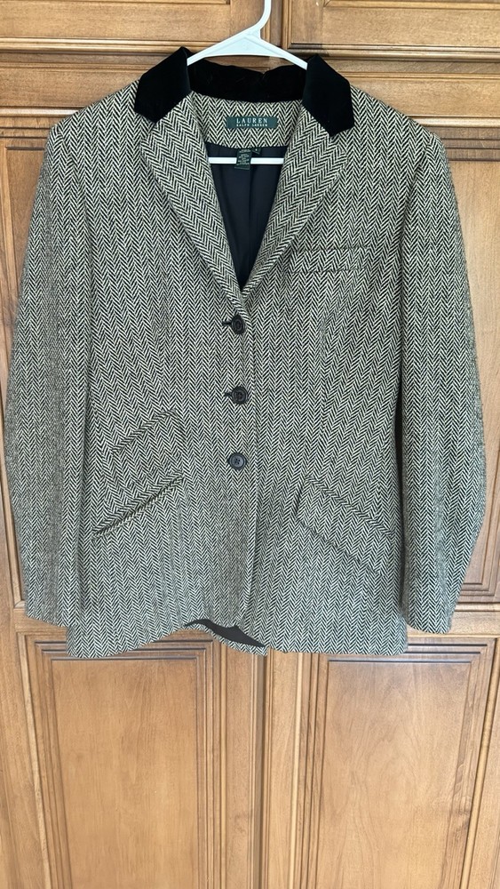 Lauren Ralph Lauren Women's Herringbone Wool Blazer Jacket Black Cream Size 6