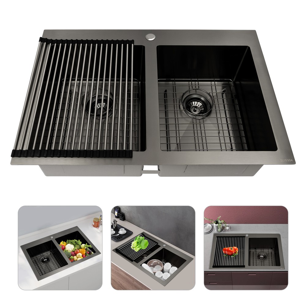 33x22 Inch Double Bowl Drop-In Kitchen Sink in Gunmetal Black Stainless Steel Made in the USA