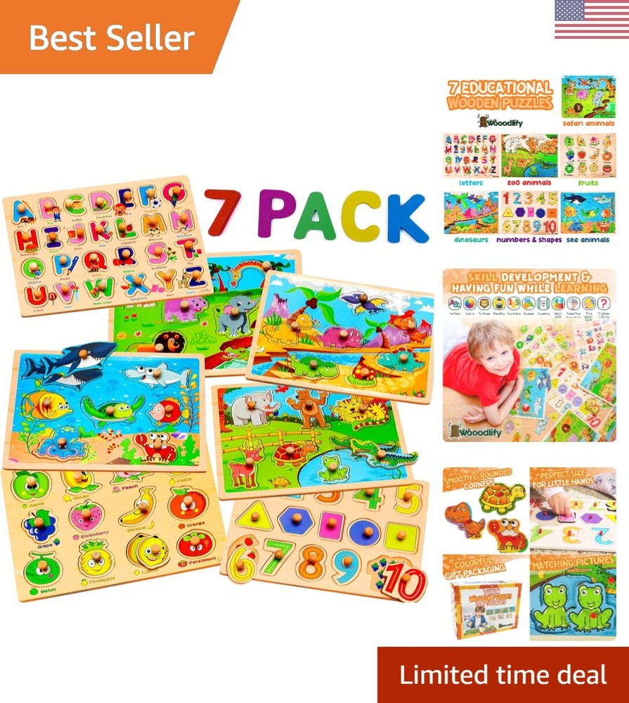 Colorful Wooden Peg Puzzles Set for Toddlers 2-5 Years - Educational Learning...