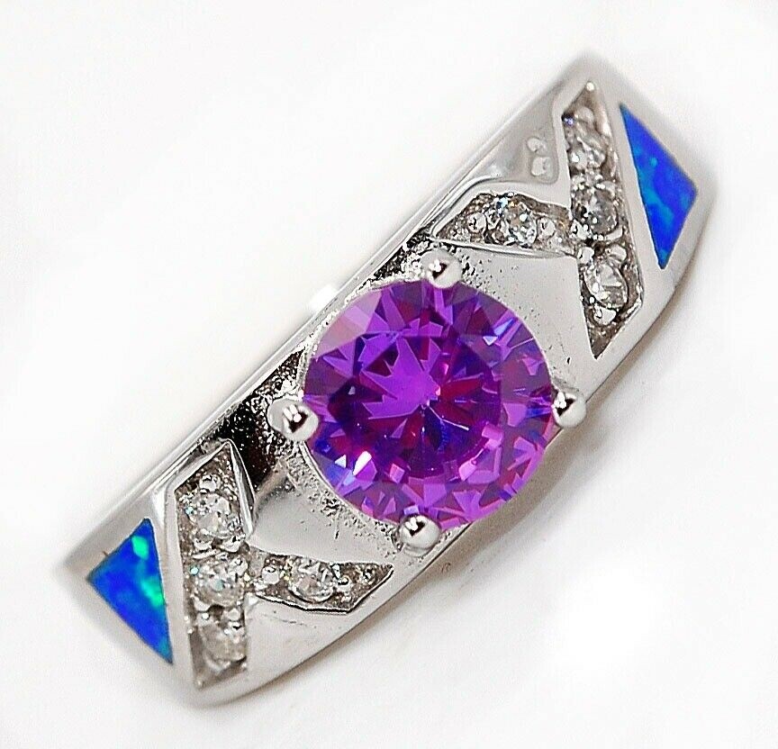 2CT Amethyst & Australian Opal Inlay 925 Sterling Silver Ring Jewelry Sz 7 AB5