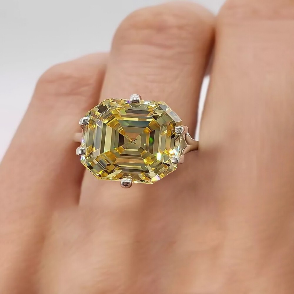 20.00 Ct Certified Asscher Champagne Diamond Ring 925 Silver Prong Setting