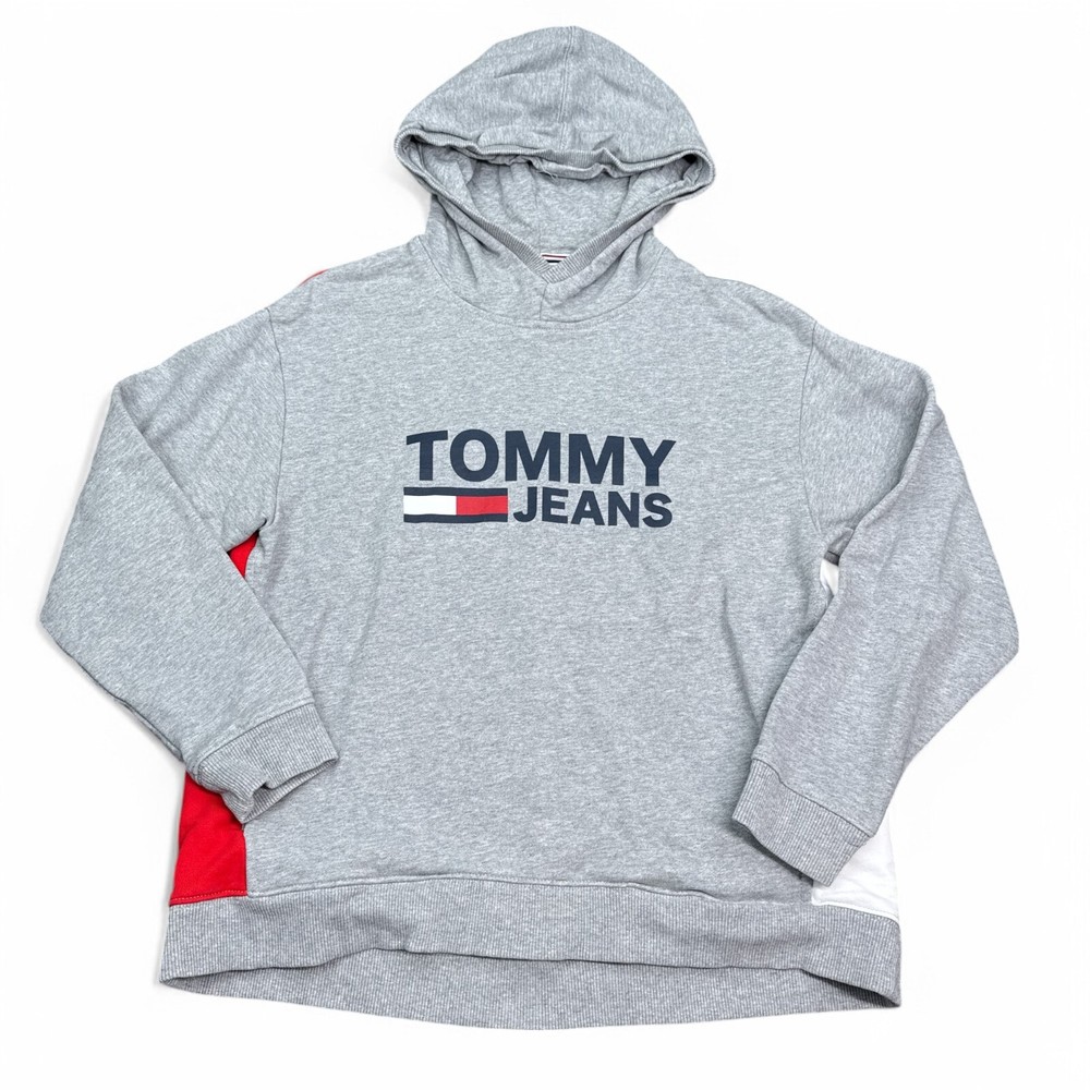 Tommy Hilfiger Hooded Sweatshirt for Women Medium Gray Red White Fleece Pullover