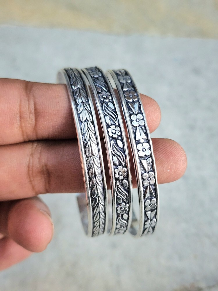 Boho Silver 925 Sterling Set of 3 Handmade Cuff Bracelets for Women