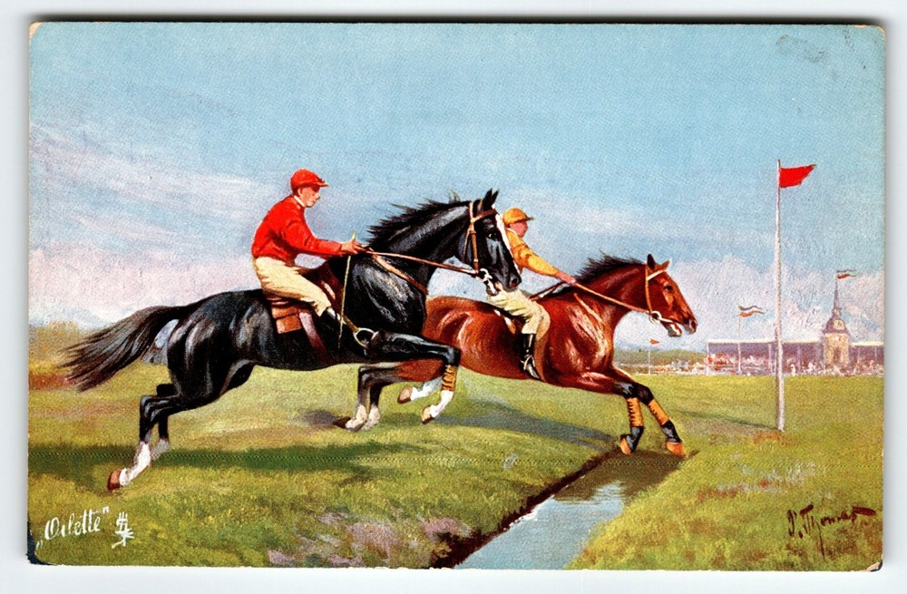 Vintage Steeplechase Water Jump Postcard by Raphael Tuck 6670 Horse Racing