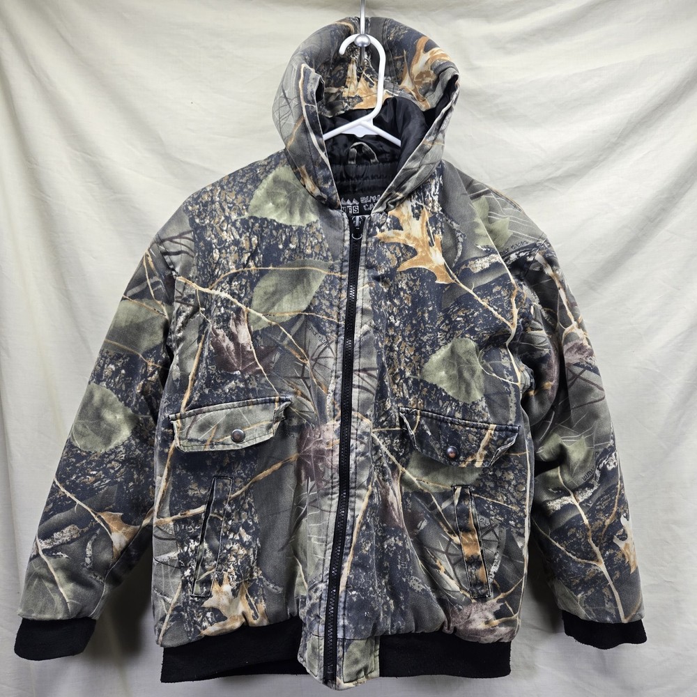 WFS Burly Camo Hooded Hunting Coat Jacket Boys Size Large Quilted Lined Full-Zip