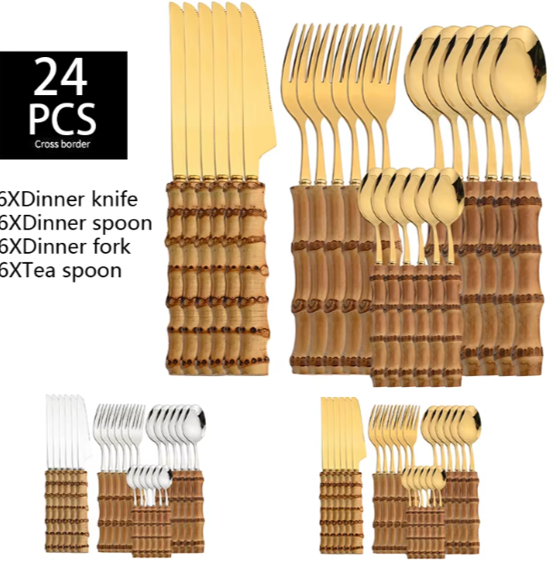 24Pcs Bamboo Tableware Sets Cutlery Natural Dinner Set Stainless Steel Kitchen