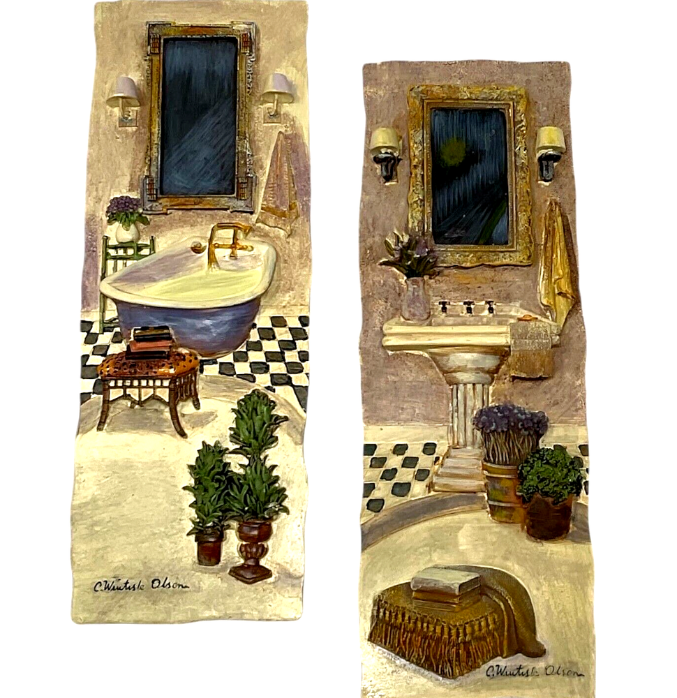 C. Winterle Olson 3D Bathroom Wall Art Decor Ceramic Plaque Tile Set Signed
