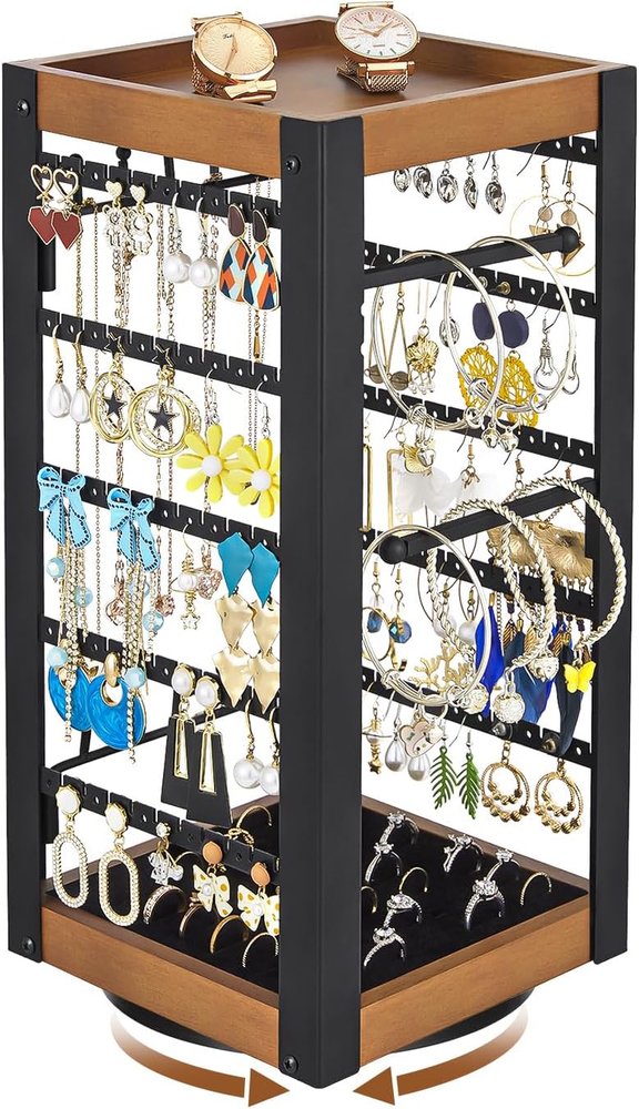 Rotating Jewelry Organizer with Earring Holder, Ring Tray & Brace宿let Storage